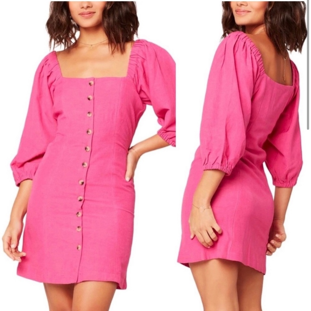 XL LSpace Button Up Puff Sleeve Mini Dress; Pink